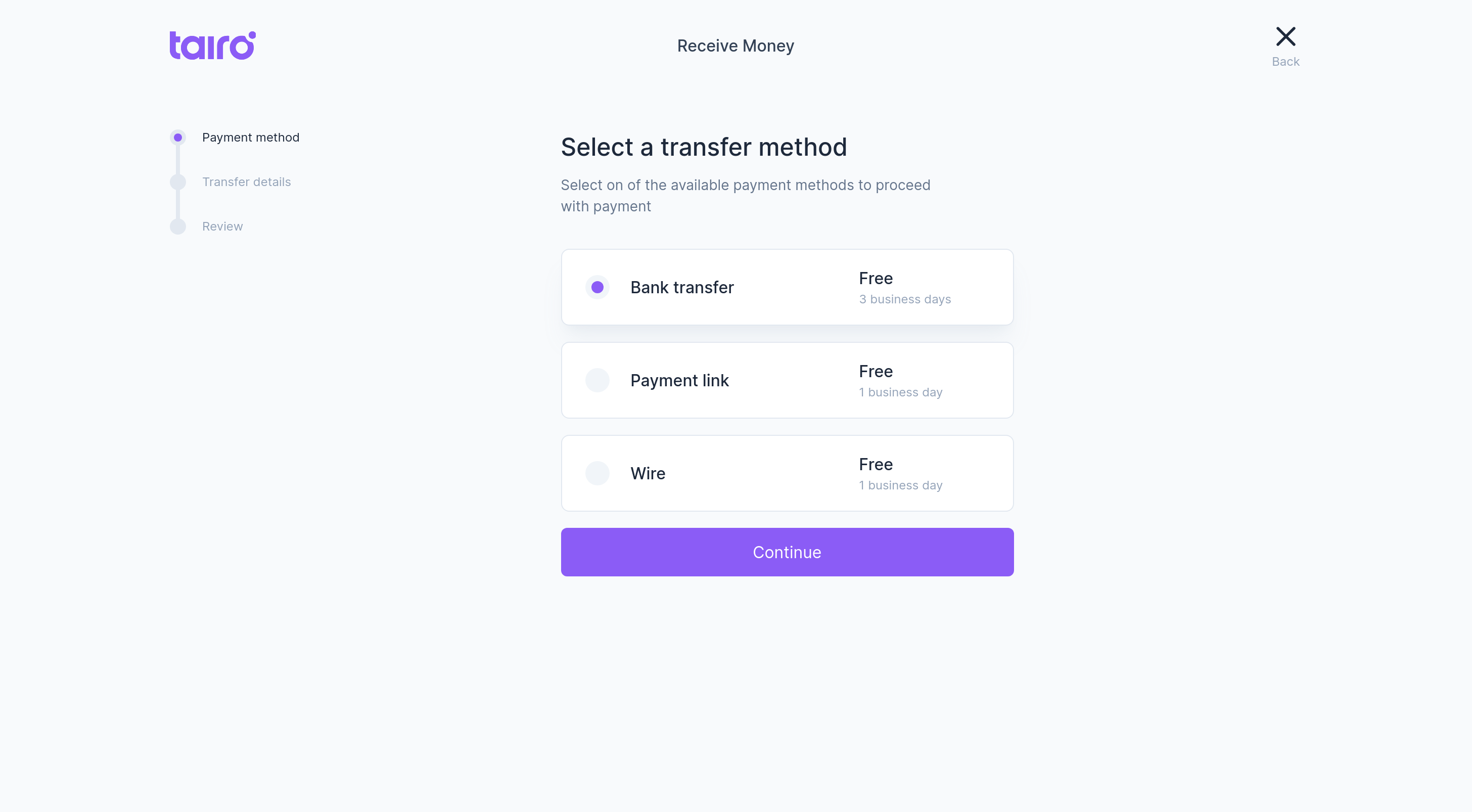 Tairo - Receive - Step 1